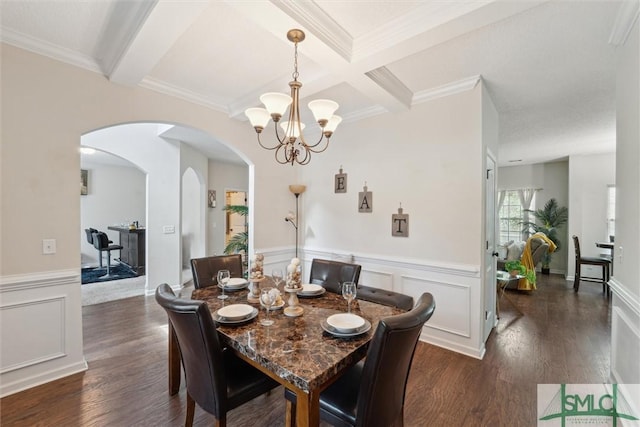 dining room featuring a chandelier, beamed ceiling, dark wood-style flooring, a wainscoted wall, and coffered ceiling