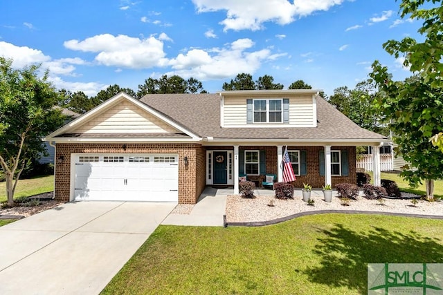 view of front of house with a garage, brick siding, covered porch, and driveway