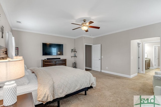 bedroom with crown molding, light carpet, baseboards, and ceiling fan