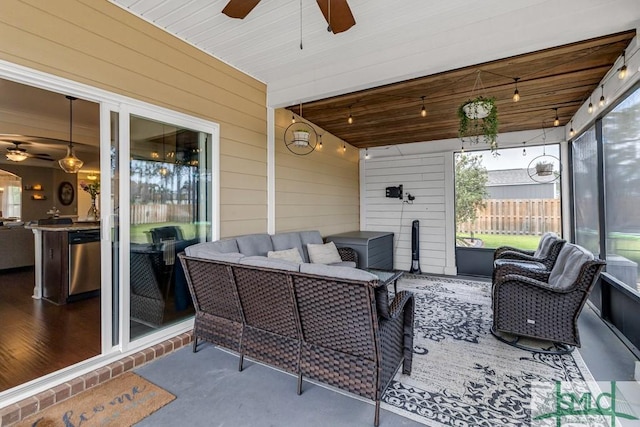 view of patio / terrace featuring ceiling fan and an outdoor hangout area