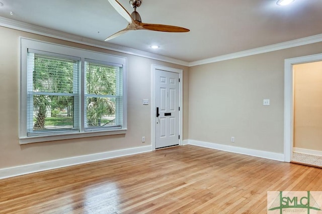 417 E 61st St, Savannah, GA 31405 - foyer with ornamental molding, light wood-style floors, a ceiling fan, baseboards, and recessed lighting