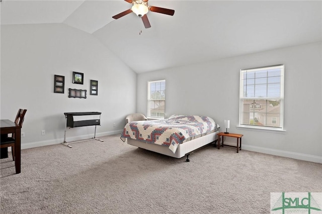 bedroom featuring lofted ceiling, carpet flooring, ceiling fan, and baseboards