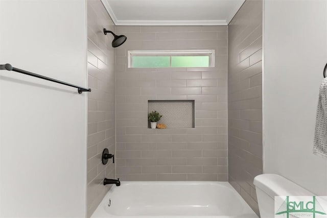 full bath featuring crown molding, shower / bathtub combination, and toilet