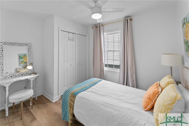524 Nicoll St, Savannah, GA 31401 - bedroom featuring wood finished floors, a closet, ceiling fan, and baseboards