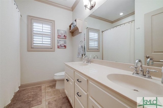 full bathroom with crown molding, toilet, baseboards, tile patterned floors, and double vanity