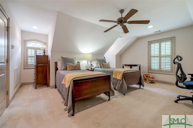 bedroom featuring light colored carpet, vaulted ceiling, baseboards, a ceiling fan, and recessed lighting