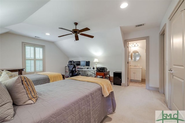 bedroom featuring vaulted ceiling, light carpet, baseboards, a ceiling fan, and recessed lighting