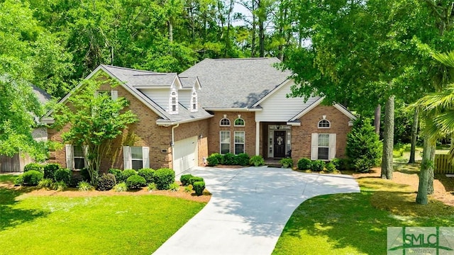 traditional home with concrete driveway, brick siding, and a front lawn
