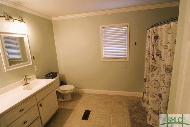 full bath with crown molding, toilet, vanity, baseboards, and tile patterned floors
