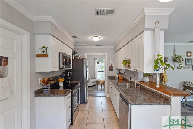 kitchen with appliances with stainless steel finishes, a sink, white cabinetry, and ornamental molding