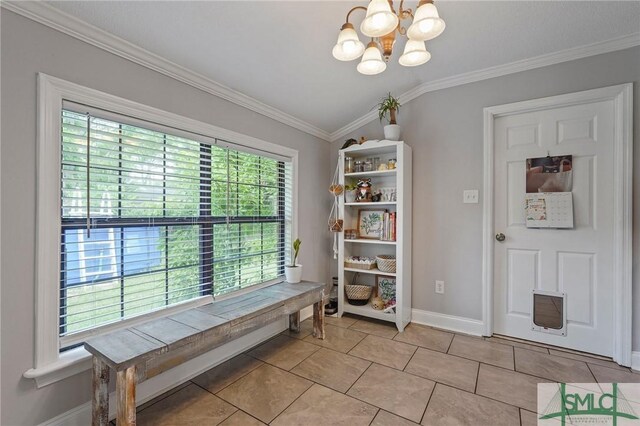 dining room featuring crown molding, a chandelier, baseboards, and light tile patterned floors