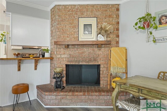 living room with ornamental molding, wood finished floors, and a fireplace