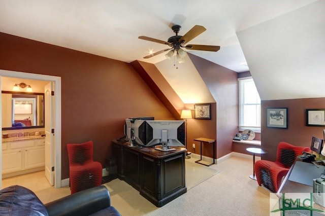 18 Enclave Cir, Savannah, GA 31419 - office area featuring vaulted ceiling, light colored carpet, a ceiling fan, and baseboards