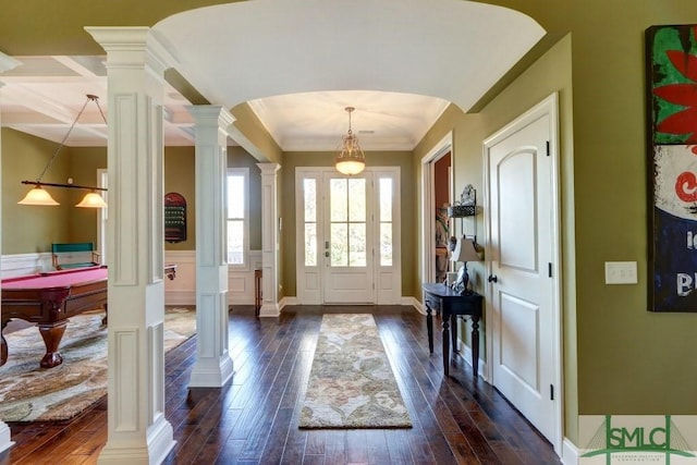 18 Enclave Cir, Savannah, GA 31419 - entryway featuring decorative columns, ornamental molding, dark wood-style flooring, arched walkways, and billiards