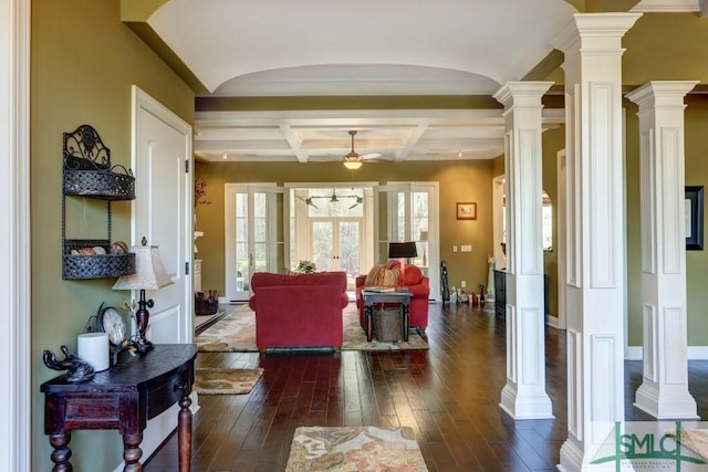 18 Enclave Cir, Savannah, GA 31419 - living room with decorative columns, a ceiling fan, dark wood finished floors, coffered ceiling, and arched walkways