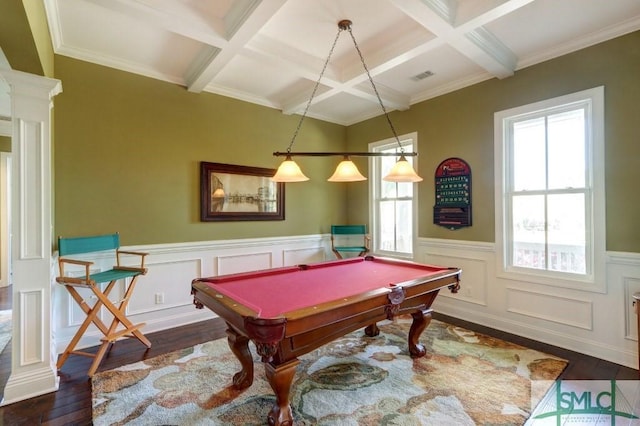 18 Enclave Cir, Savannah, GA 31419 - playroom with coffered ceiling, dark wood-type flooring, beamed ceiling, pool table, and a wainscoted wall