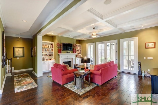 18 Enclave Cir, Savannah, GA 31419 - living area featuring a fireplace, dark wood-type flooring, beamed ceiling, baseboards, and ornamental molding