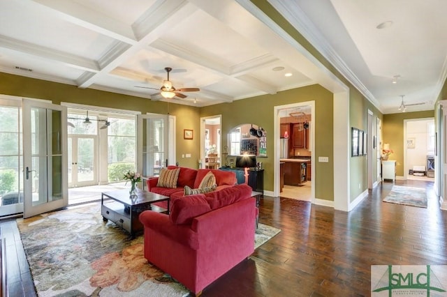 18 Enclave Cir, Savannah, GA 31419 - living room with wood-type flooring, beam ceiling, a ceiling fan, baseboards, and coffered ceiling