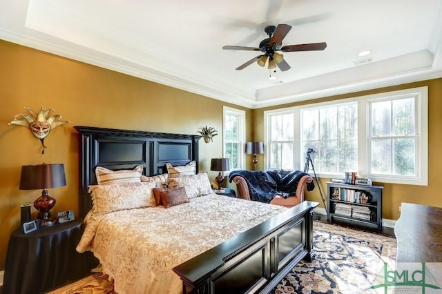 18 Enclave Cir, Savannah, GA 31419 - bedroom with a raised ceiling, crown molding, wood finished floors, and ceiling fan