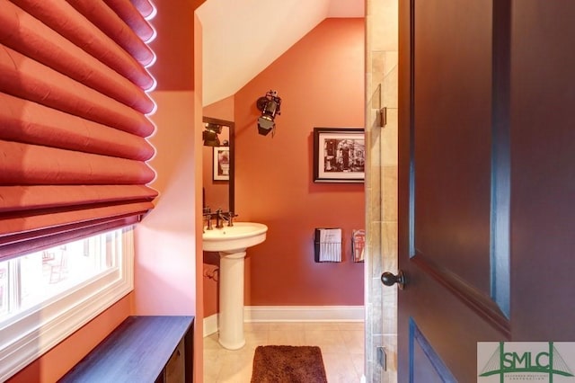 18 Enclave Cir, Savannah, GA 31419 - bathroom with tile patterned floors, a sink, and vaulted ceiling