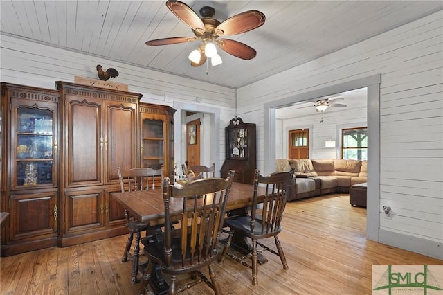 309 E 5th St, Rincon, GA 31326 - dining space featuring a ceiling fan, light wood-style flooring, wooden walls, and wooden ceiling