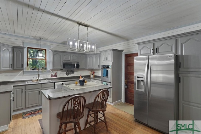 309 E 5th St, Rincon, GA 31326 - kitchen featuring stainless steel appliances, gray cabinetry, a sink, a center island, and wooden ceiling