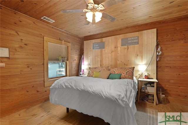 309 E 5th St, Rincon, GA 31326 - bedroom with wood walls, wood finished floors, wood ceiling, and a ceiling fan