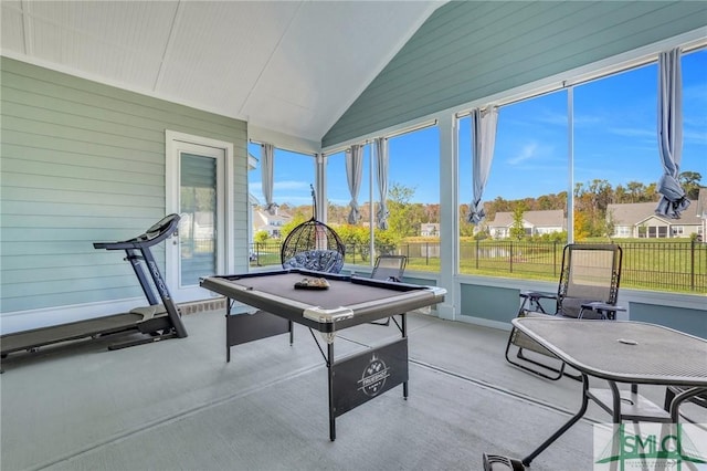 206 Park Chase Chase, Pooler, GA 31322 - playroom featuring healthy amount of natural light, vaulted ceiling, pool table, wooden walls, and a residential view