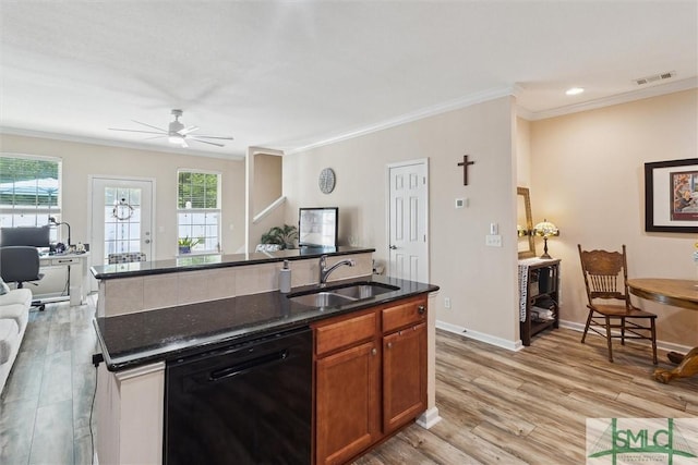 kitchen with a sink, dishwasher, crown molding, ceiling fan, and light wood-style flooring