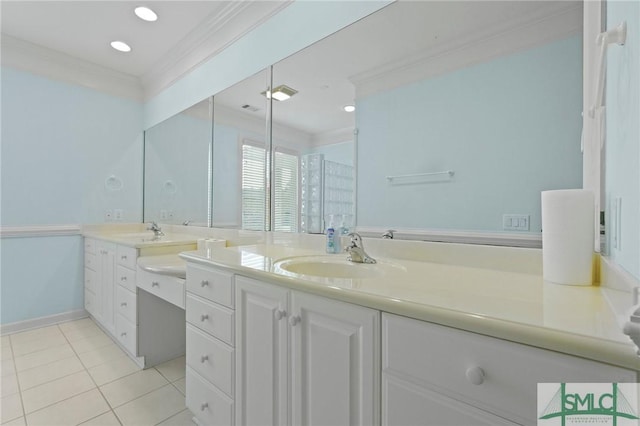 15 Teresa Ln, Tybee Island, GA 31328 - full bathroom featuring crown molding, double vanity, tile patterned floors, and recessed lighting