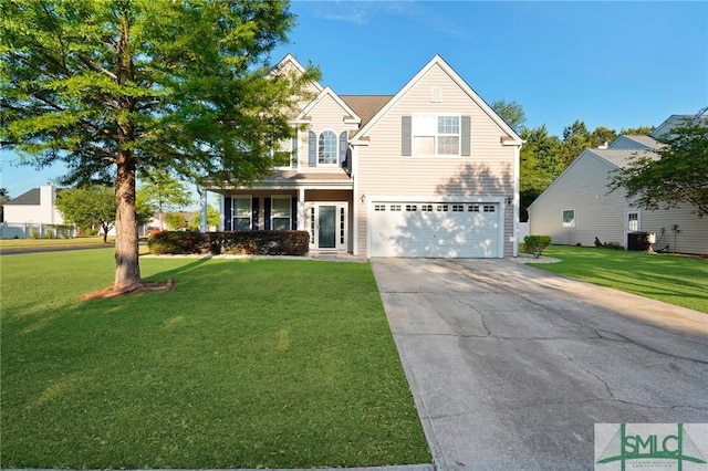 traditional-style home featuring driveway, an attached garage, a front lawn, and cooling unit