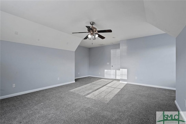 bonus room featuring ceiling fan, baseboards, carpet, and vaulted ceiling