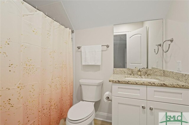 full bathroom with baseboards, toilet, vanity, vaulted ceiling, and a shower with curtain