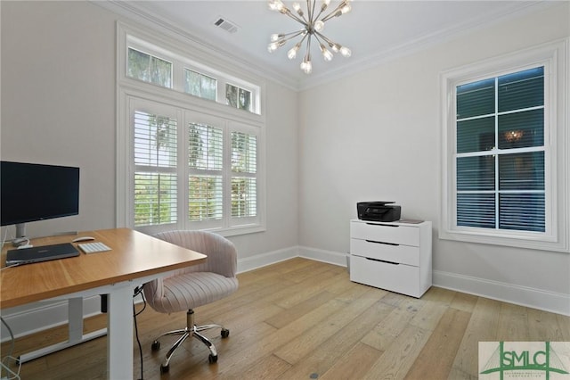 office featuring ornamental molding, baseboards, light wood finished floors, and a chandelier