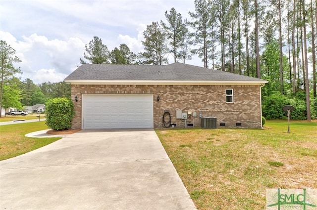 view of home's exterior with crawl space, driveway, a lawn, and an attached garage