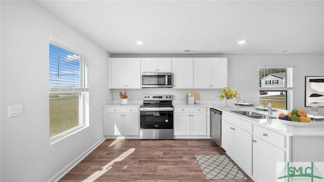 kitchen featuring appliances with stainless steel finishes, a sink, a peninsula, dark wood-style flooring, and white cabinets