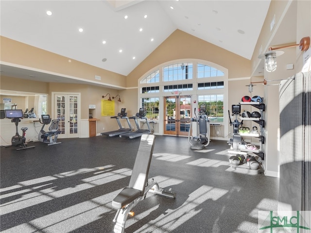 gym with french doors, recessed lighting, and high vaulted ceiling
