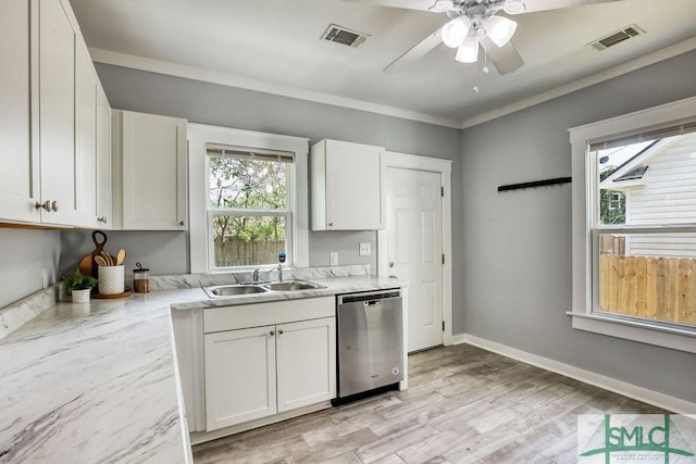 40 Lawton Ave, Savannah, GA 31404 - kitchen with dishwasher, a sink, a ceiling fan, white cabinetry, and light wood-type flooring