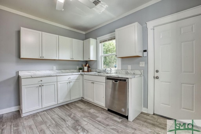 40 Lawton Ave, Savannah, GA 31404 - kitchen featuring dishwasher, white cabinetry, light wood finished floors, ceiling fan, and ornamental molding