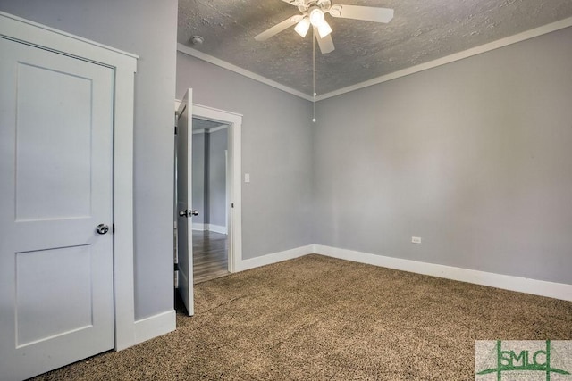 40 Lawton Ave, Savannah, GA 31404 - carpeted empty room featuring ceiling fan, a textured ceiling, baseboards, and crown molding