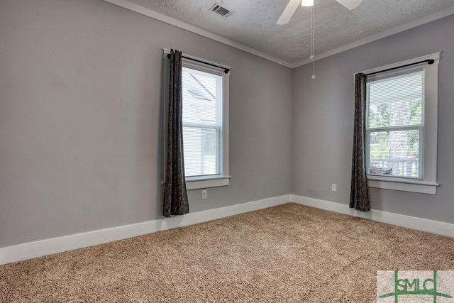 40 Lawton Ave, Savannah, GA 31404 - spare room with carpet floors, a textured ceiling, a ceiling fan, baseboards, and ornamental molding