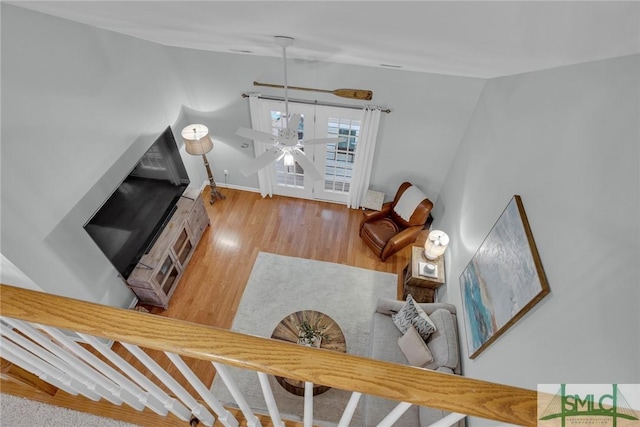 144 Royal Ln, Pooler, GA 31322 - living area with wood finished floors, ceiling fan, baseboards, and vaulted ceiling
