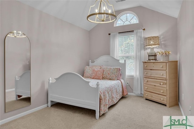 144 Royal Ln, Pooler, GA 31322 - carpeted bedroom featuring vaulted ceiling, a chandelier, and baseboards