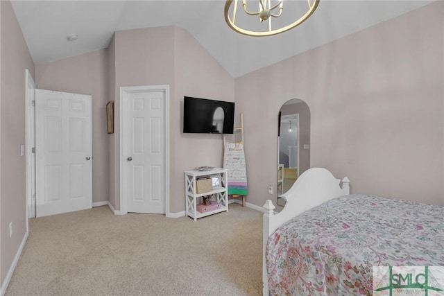 144 Royal Ln, Pooler, GA 31322 - bedroom featuring carpet floors, arched walkways, baseboards, a chandelier, and high vaulted ceiling