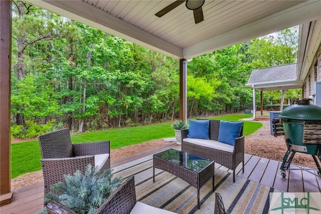 144 Royal Ln, Pooler, GA 31322 - wooden deck with a yard, ceiling fan, an outdoor living space, and a wooded view