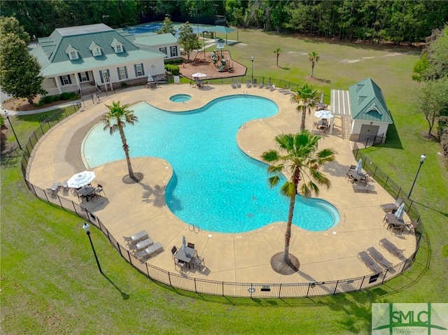 144 Royal Ln, Pooler, GA 31322 - community pool with a patio area, a hot tub, and view of scattered trees