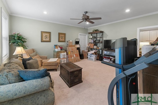 carpeted living area with ceiling fan, crown molding, and recessed lighting