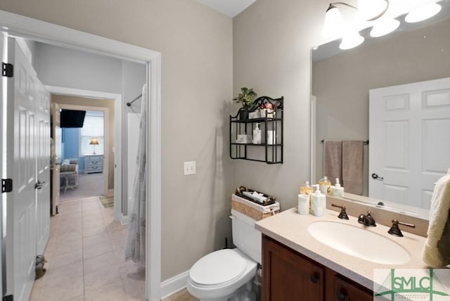 full bath featuring vanity, toilet, baseboards, tile patterned floors, and a shower with curtain