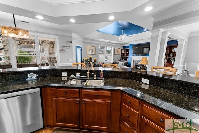 1104 River Oaks Dr Unit 1104, Richmond Hill, GA 31324 - kitchen with stainless steel dishwasher, decorative columns, open floor plan, a tray ceiling, and a sink