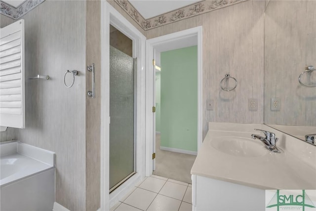 105 Crooked Wood Ln, Savannah, GA 31406 - bathroom with a shower stall, wallpapered walls, vanity, tile patterned floors, and baseboards
